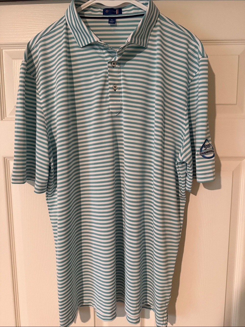 Men's Aqua and White Striped Performance Polo SAS Championship